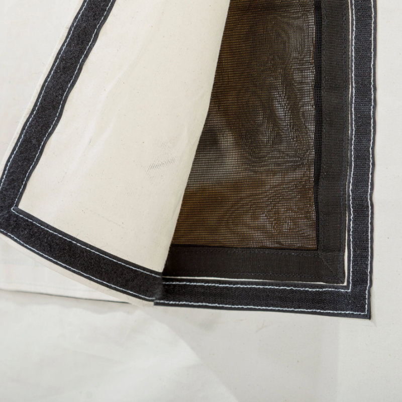 Wall Tent Canvas Camp stock photo window slightly open close up