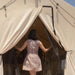 Wall Tent Canvas Camp woman walking in front mesh door