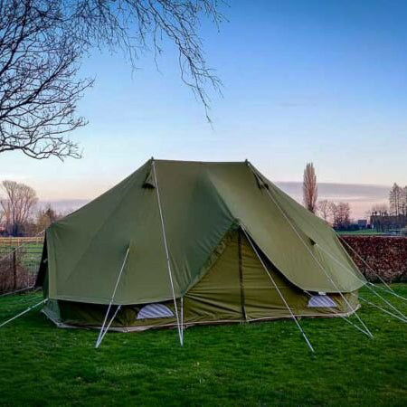 Yurt Tent Sibley Pro 600 twin by Canvas Camp in green on grass at sunset