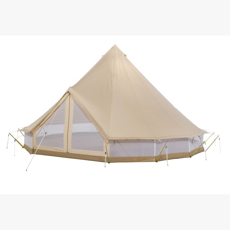Yurt Tent Sibley Ultimate by Canvas Camp stock photo front left view closed mesh door open mesh walls