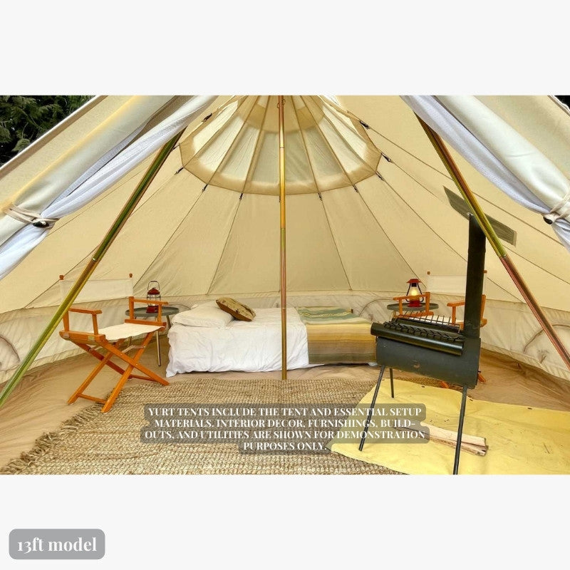 Yurt Tent Stella Stargazer by Life in Tents 13ft interior view with bed chair and tent stove