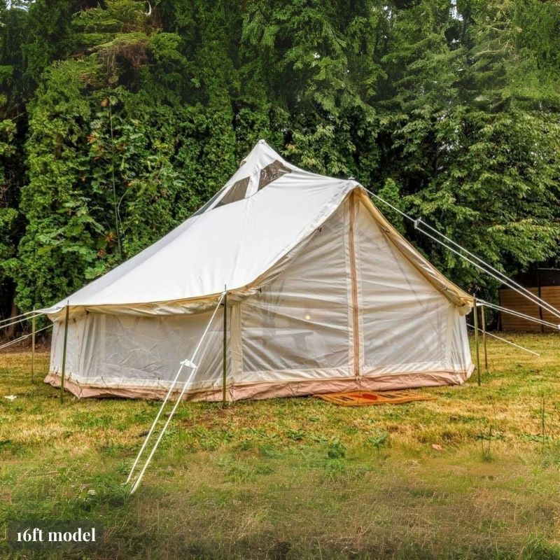 Yurt Tent Stella Stargazer by Life in Tents 16ft front right view on grass near trees