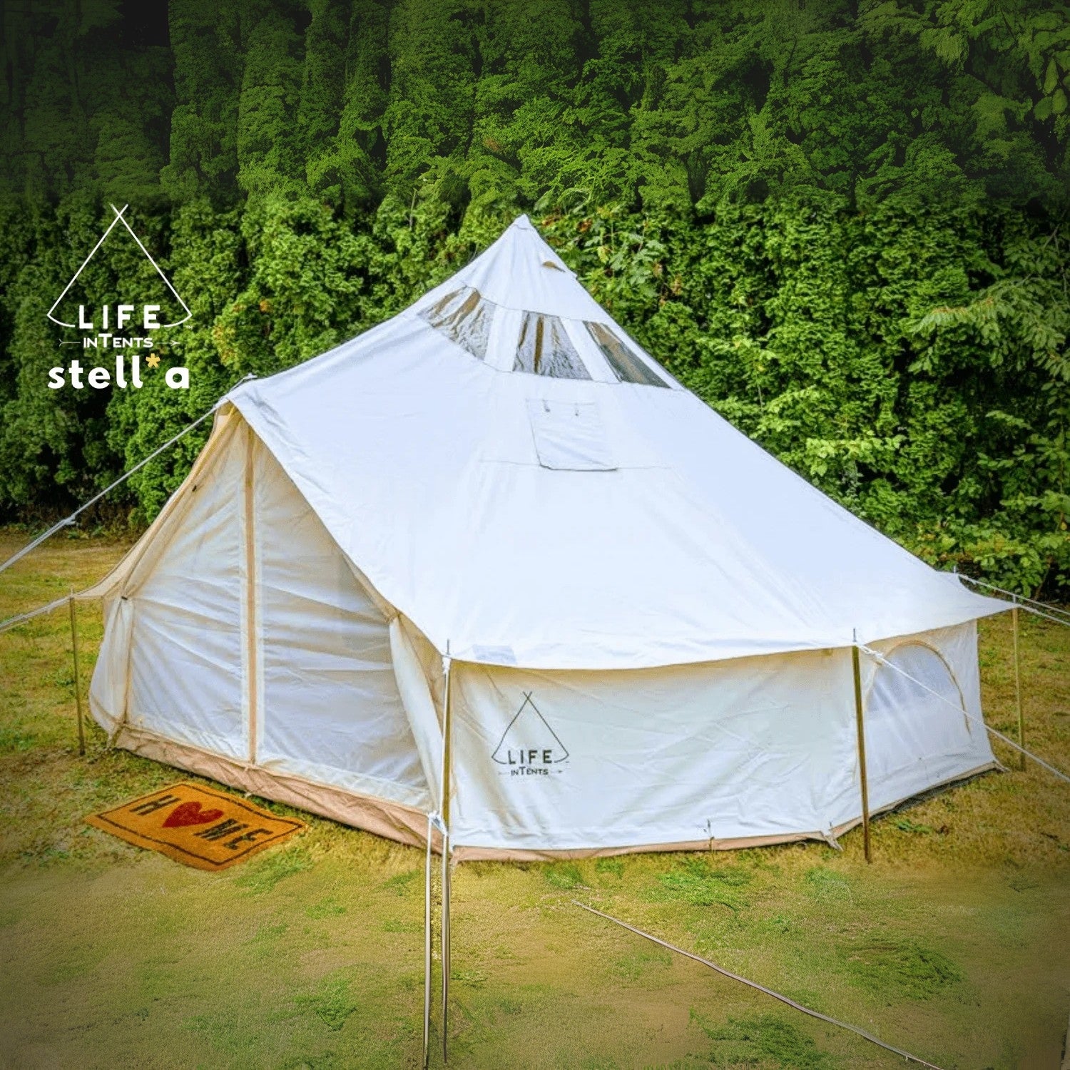 Yurt Tent Stella Stargazer by Life in Tents 16ft front view on grass near trees