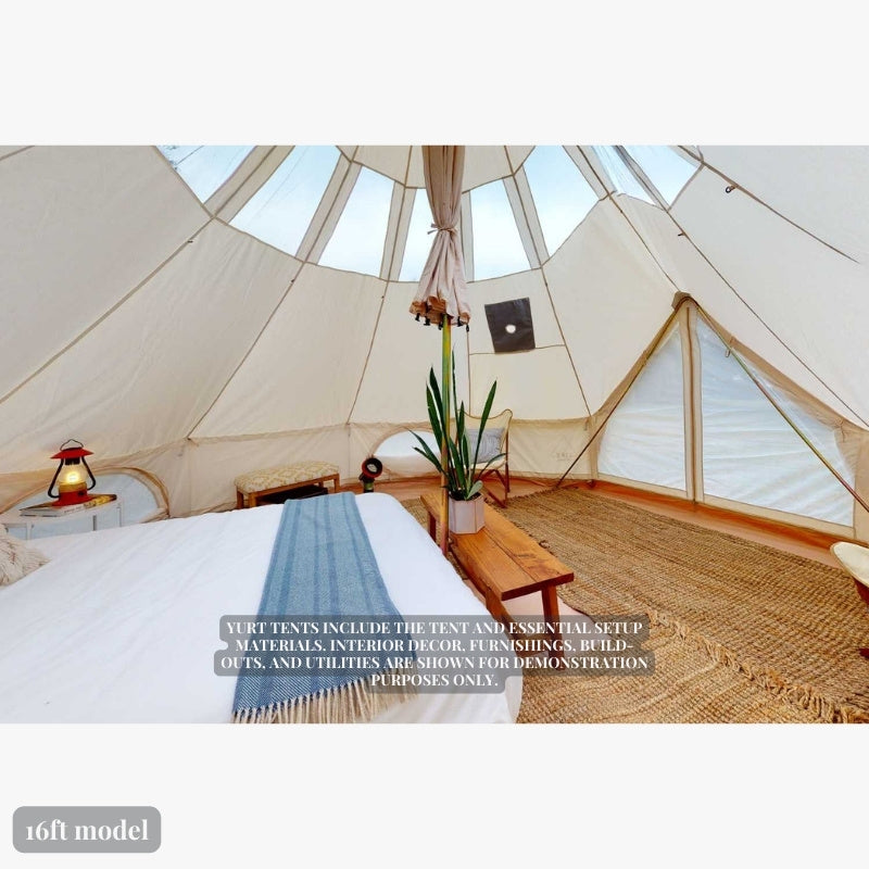 Yurt Tent Stella Stargazer by Life in Tents 16ft interior view with bed lamp bench and plant