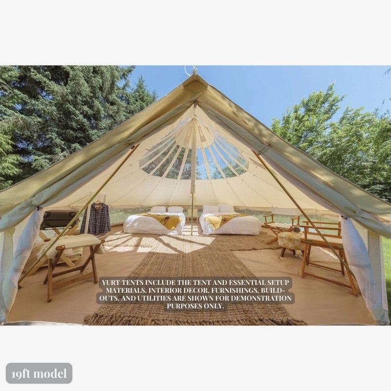 Yurt Tent Stella Stargazer by Life in Tents 19ft front view of interior 2 beds chairs and rugs