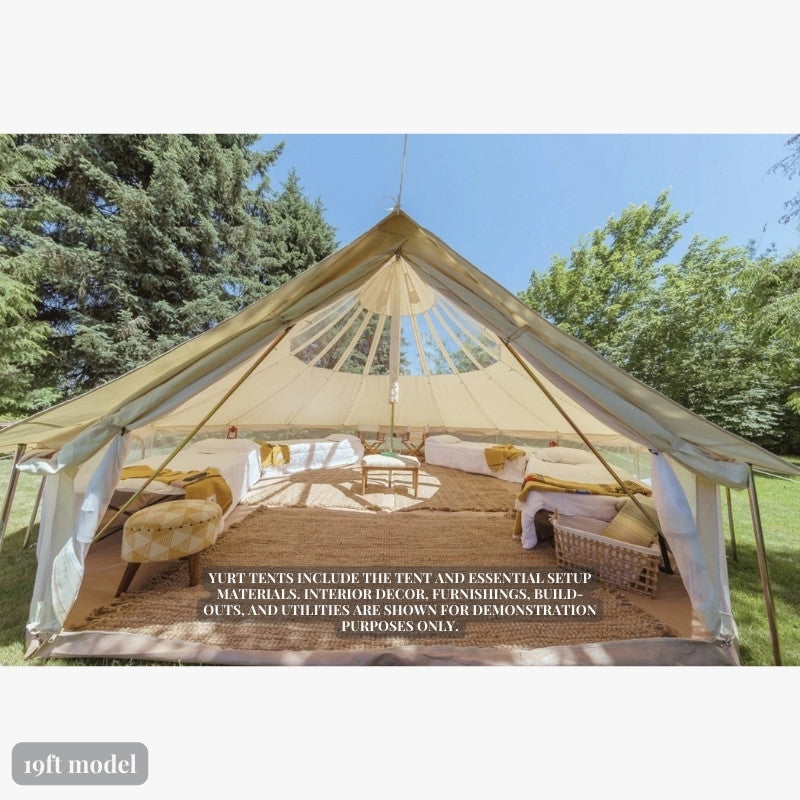 Yurt Tent Stella Stargazer by Life in Tents 19ft front view of interior circle of 4 beds