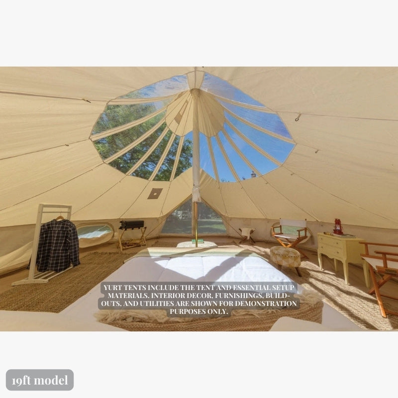 Yurt Tent Stella Stargazer by Life in Tents 19ft interior point of view from bed closed front door 360 degree transparent clear top tent roof panels