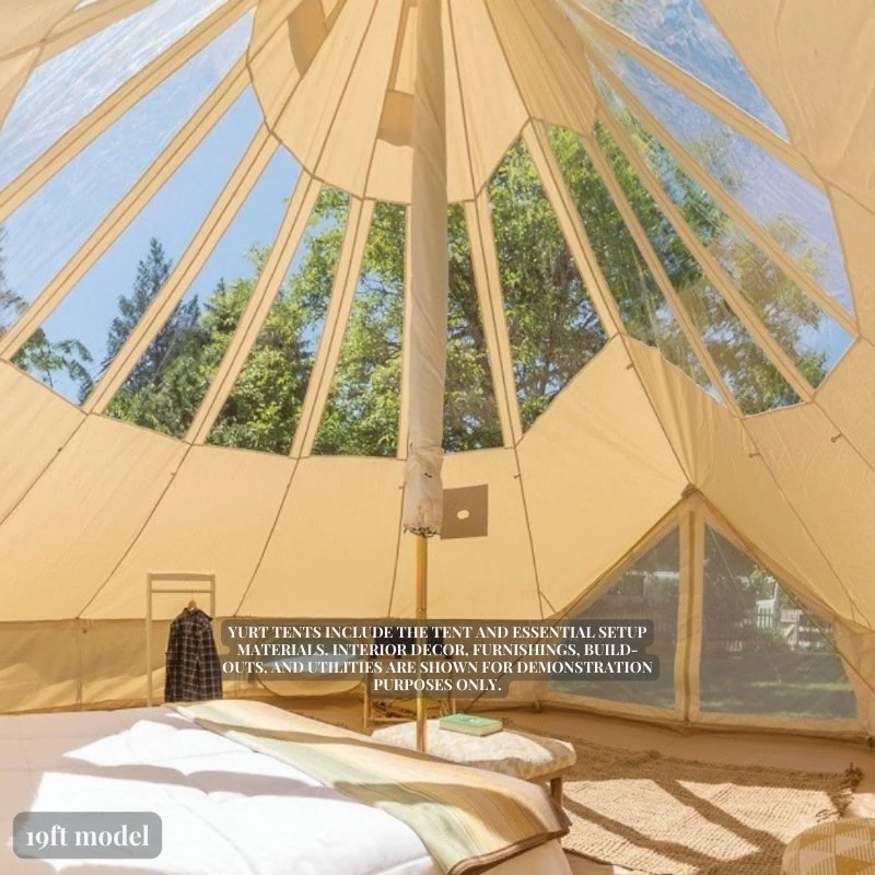 Yurt Tent Stella Stargazer by Life in Tents 19ft interior view from bed closed front door 360 degree transparent clear top tent roof panels
