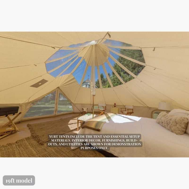 Yurt Tent Stella Stargazer by Life in Tents 19ft interior view left side of bed closed front door 360 degree transparent clear top tent roof panels