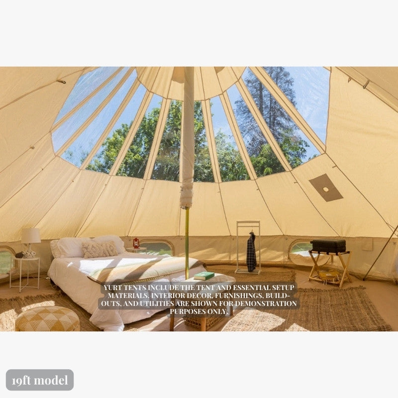 Yurt Tent Stella Stargazer by Life in Tents 19ft interior view of bed and 360 degree transparent clear top tent roof panels