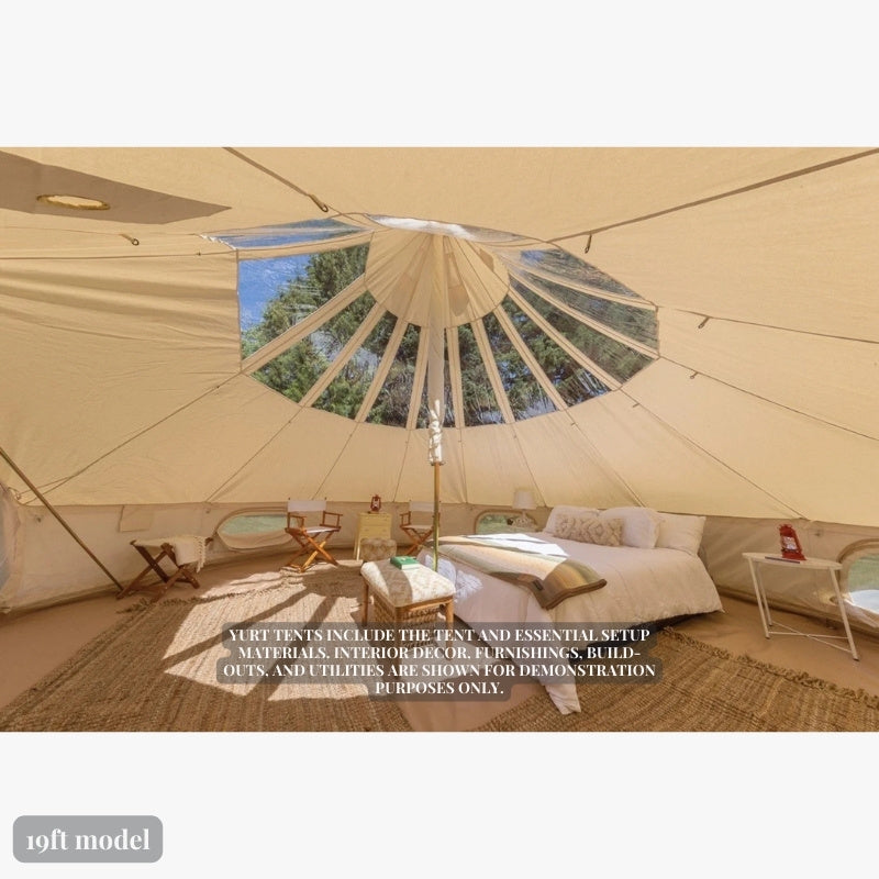 Yurt Tent Stella Stargazer by Life in Tents 19ft interior view of bed front left and 360 degree transparent clear top tent roof panels