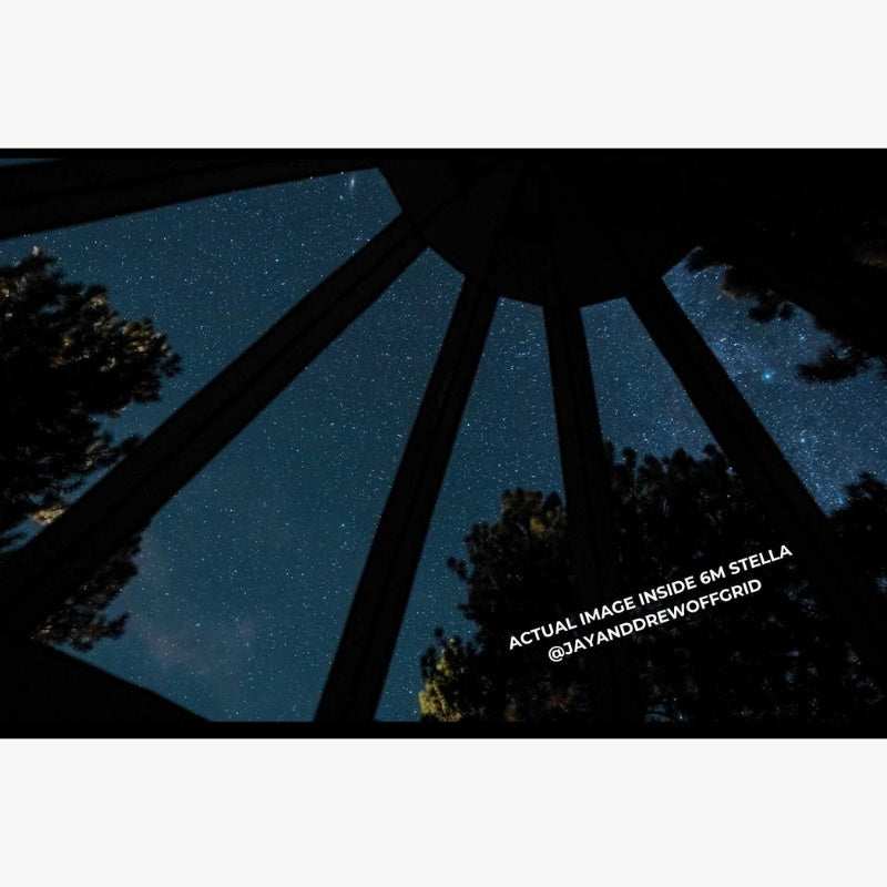 Yurt Tent Stella Stargazer by Life in Tents night time view through 360 degree transparent clear top tent roof panels
