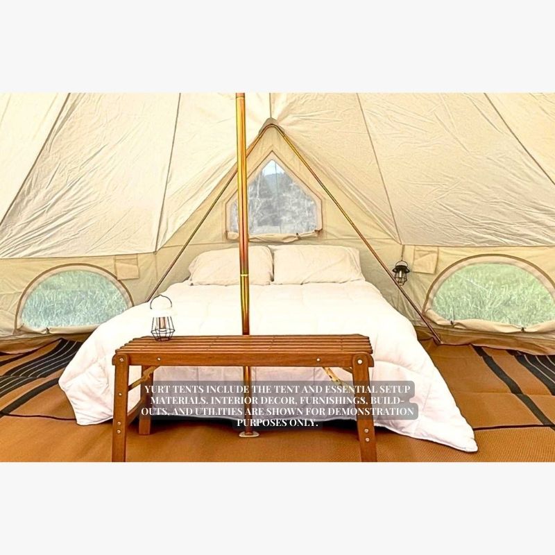 Yurt Tent Zephyr by Life in Tents 16ft interior view white bed and wood bench