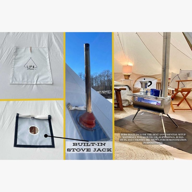 Yurt Tent Zephyr by Life in Tents built in stove jack and interior picture of tent stove