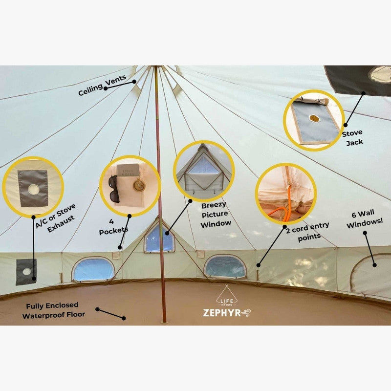 Yurt Tent Zephyr by Life in Tents interior features 6 wall windows 4 pockets breezy picture window fully enclosed waterproof floor